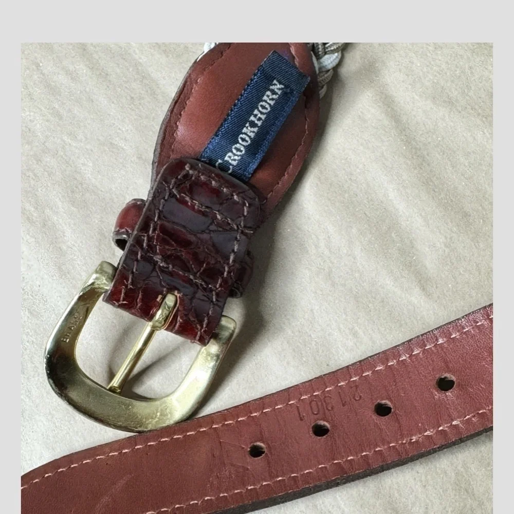 Crookhorn Belt Brown Croc Woven Braided Taupe Cream Brass Buckle Size 44